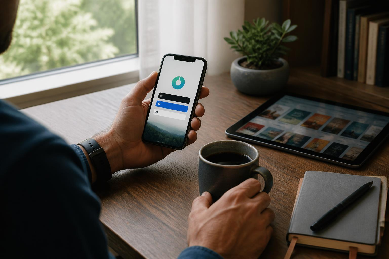 شاشة هاتف تُظهر خيارات تسجيل الدخول لحساب Blinkist مع كوب قهوة وجهاز لوحي جانباً