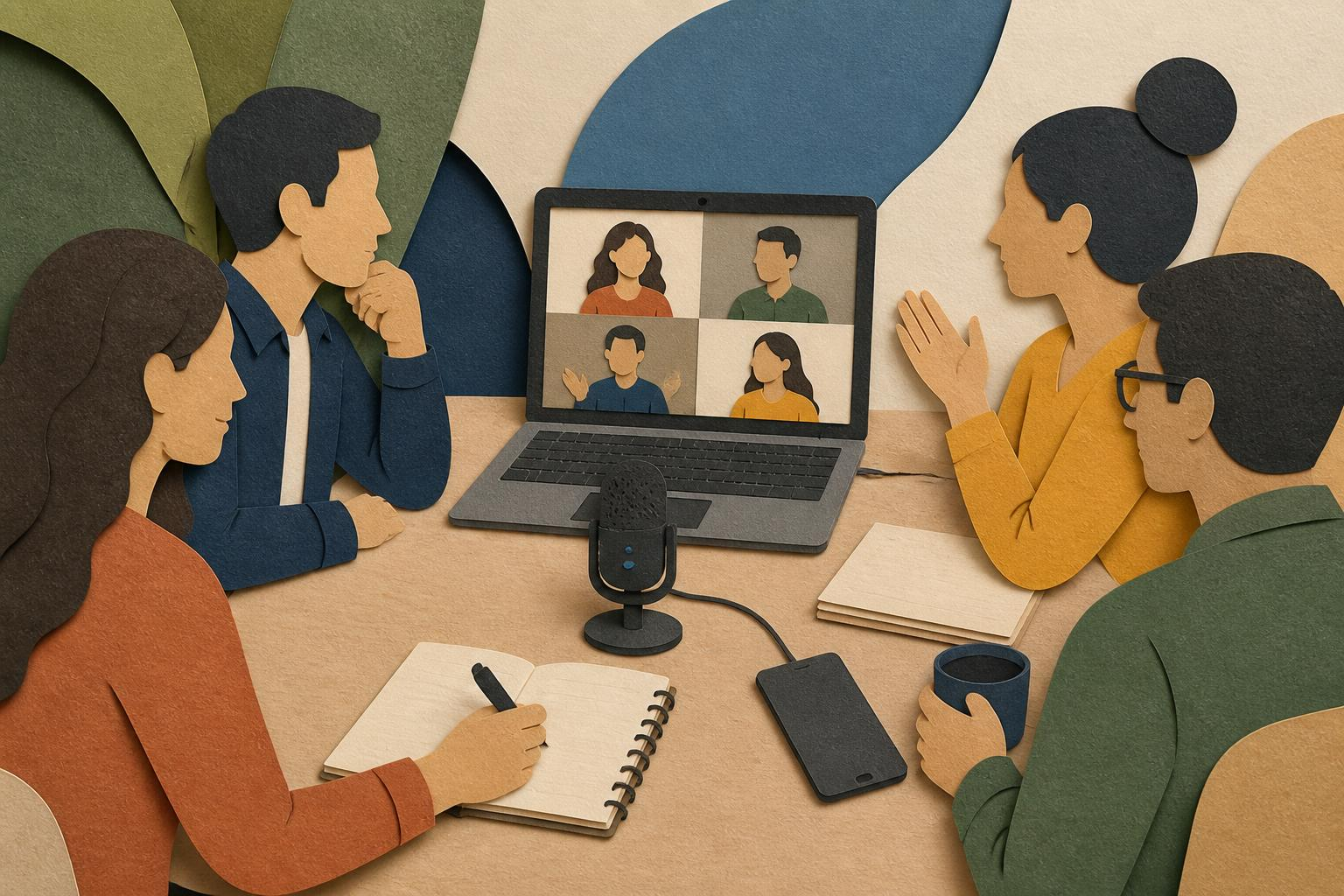 Một laptop đang mở giao diện meeting và điện thoại đặt cạnh với micro nhỏ trên bàn