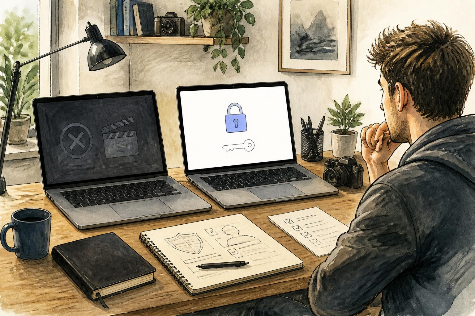 Home office with two laptops, showing one deactivated app and one requesting activation
