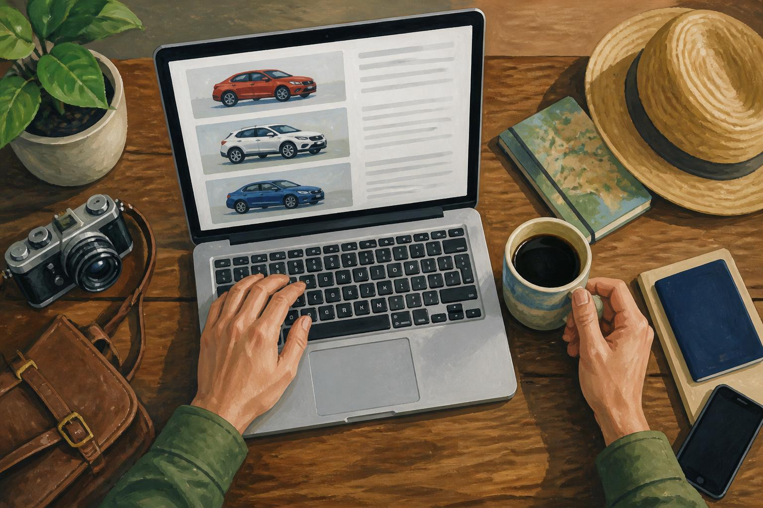 A traveler comparing offers on a laptop with a coffee cup beside the screen