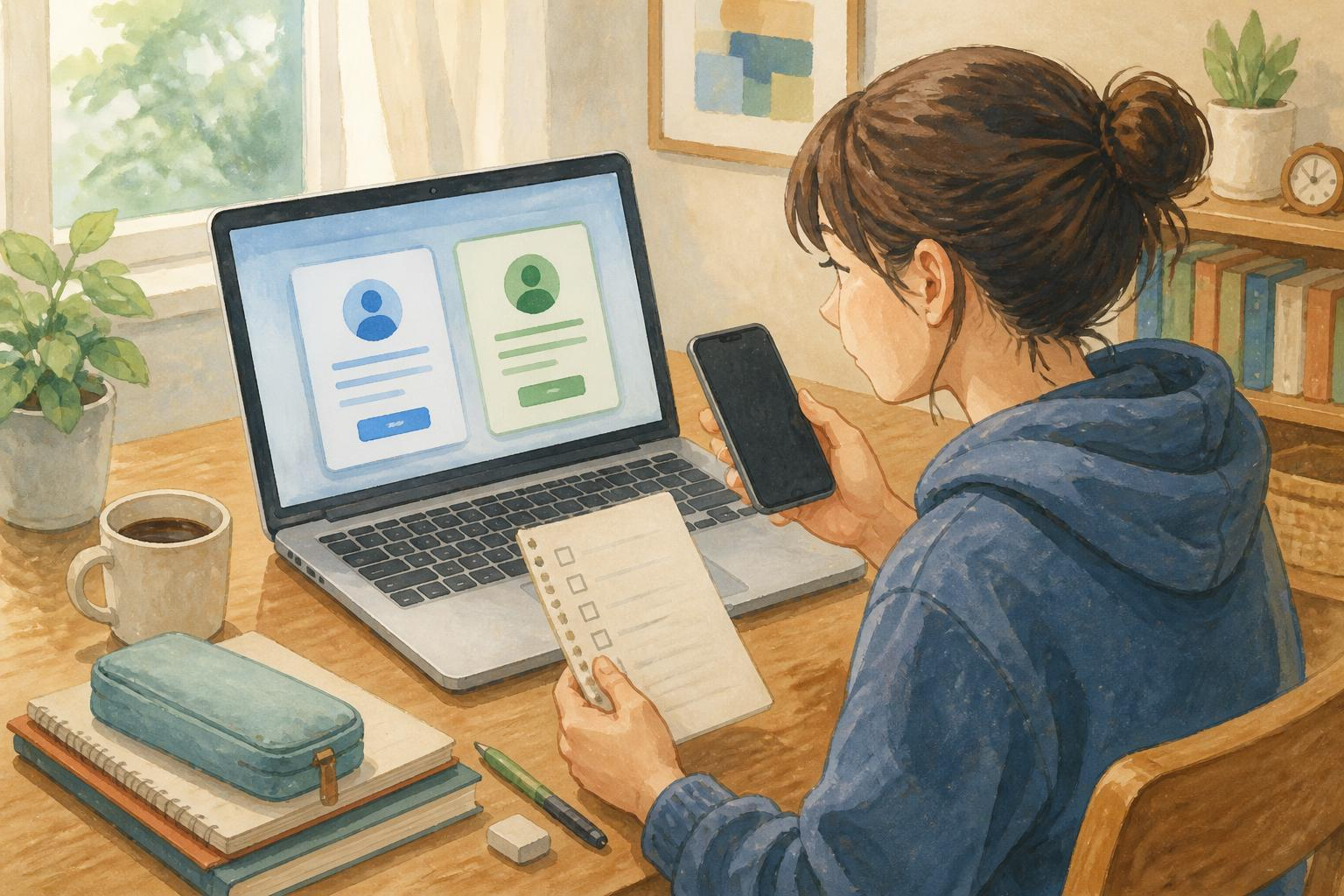 ノートとスマホでログインを検討する学生