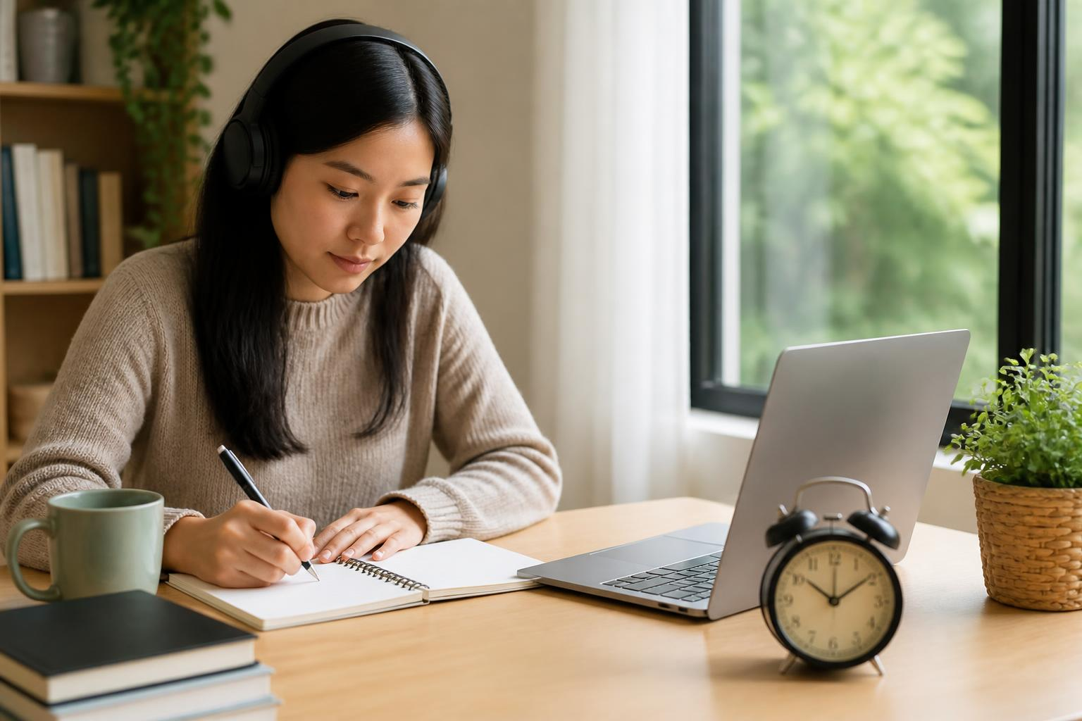 Seseorang menyiapkan lesson online di laptop dengan buku catatan dan jam meja