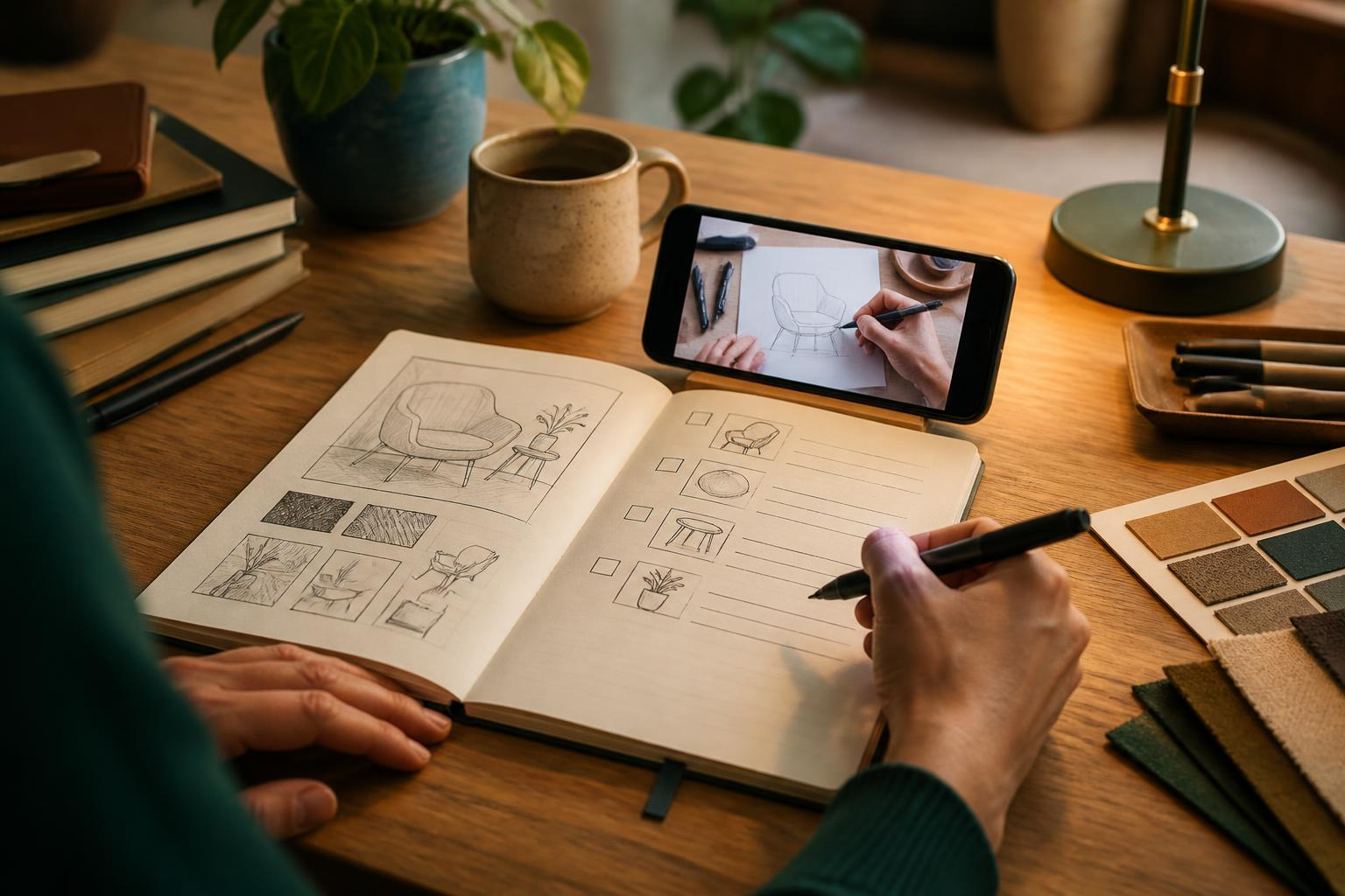 Notitieboek met cursusproject en smartphone die een Skillshare-video speelt
