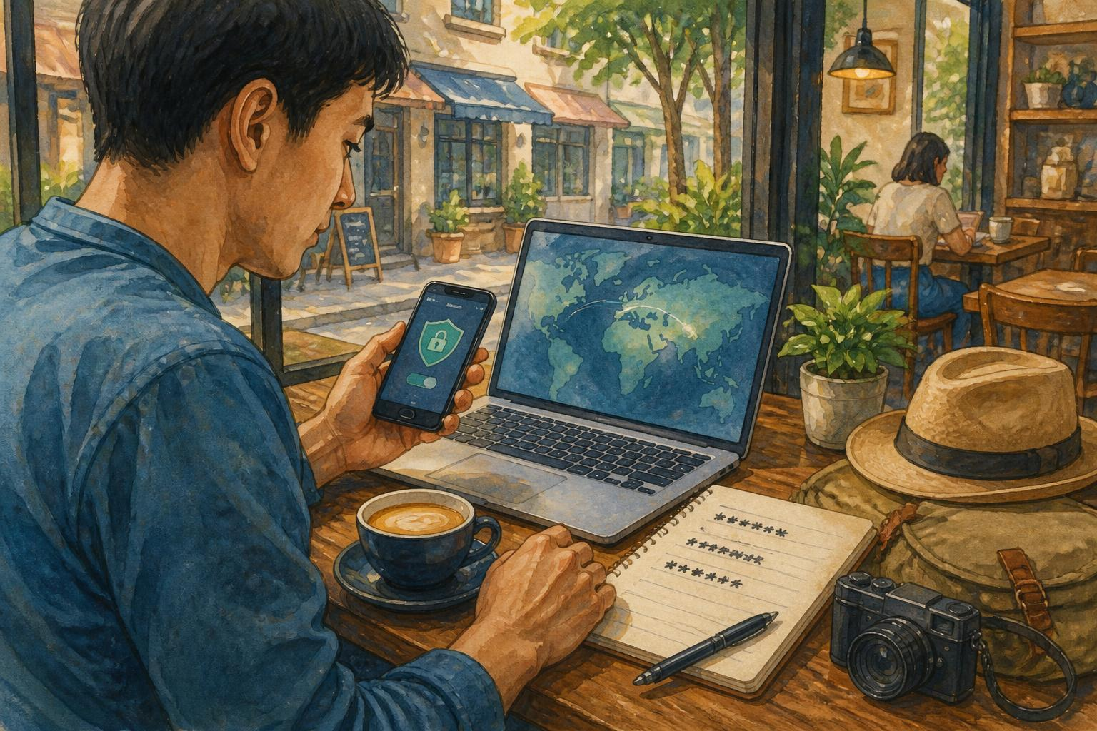 คนเดินทางที่คาเฟ่มีแล็ปท็อปและโทรศัพท์ แสดงแอป VPN บนหน้าจอและกระดาษจดรหัสผ่าน