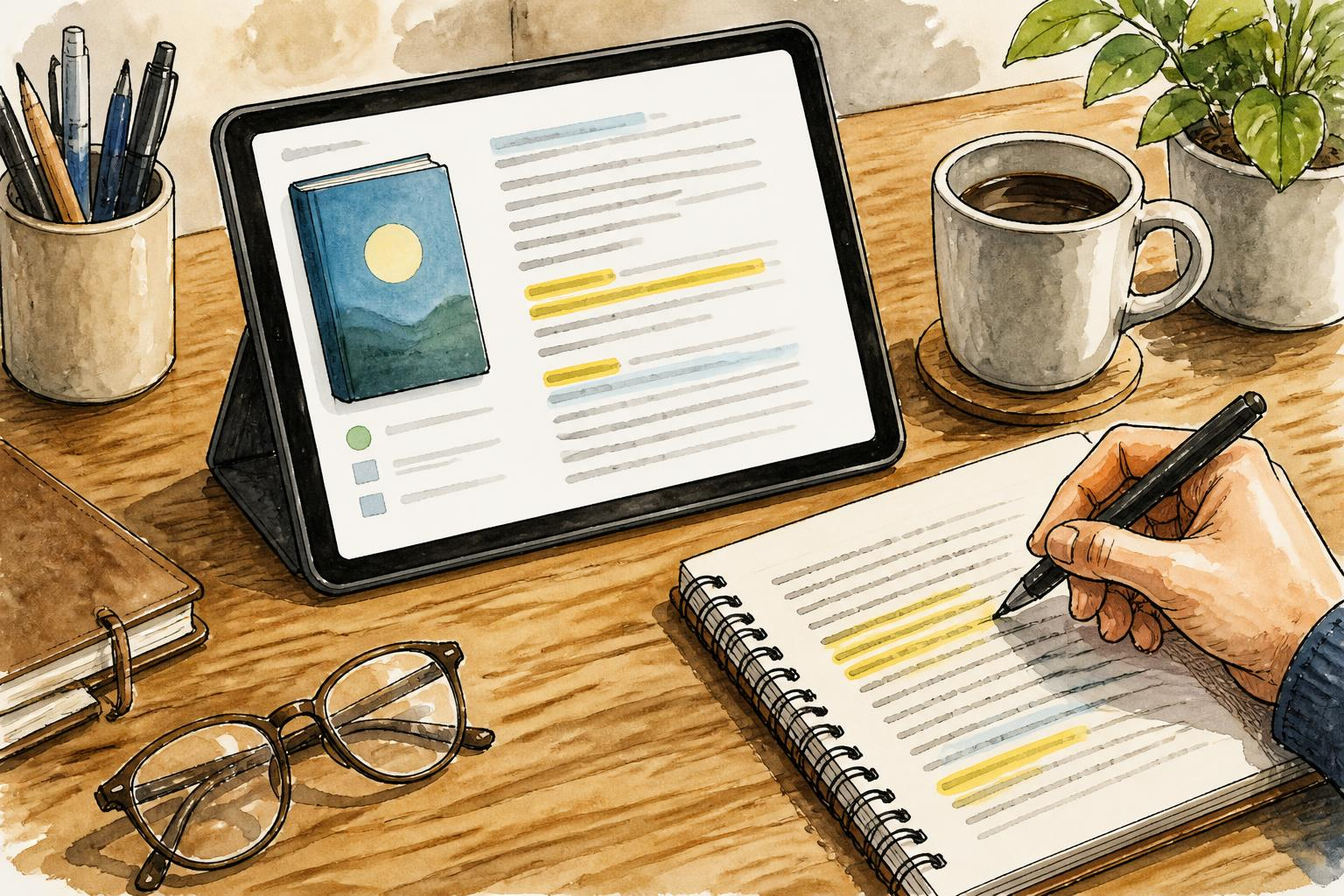 Close up on a tablet screen showing a Blinkist summary and highlighted passages next to a pen