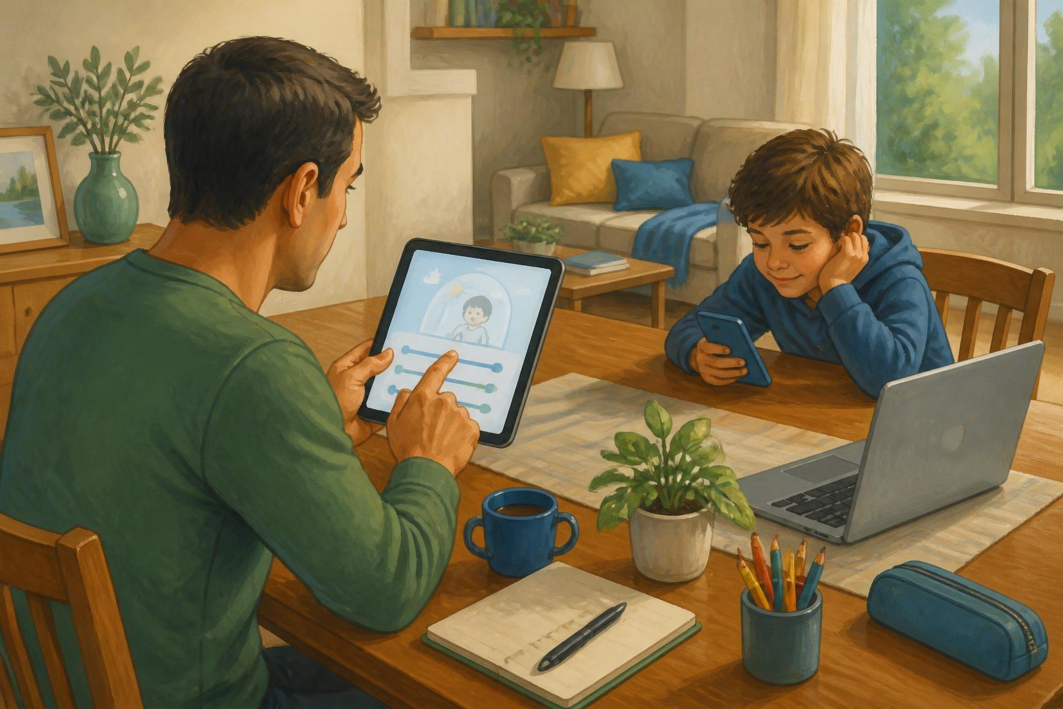Padre ajustando límites en tablet infantil