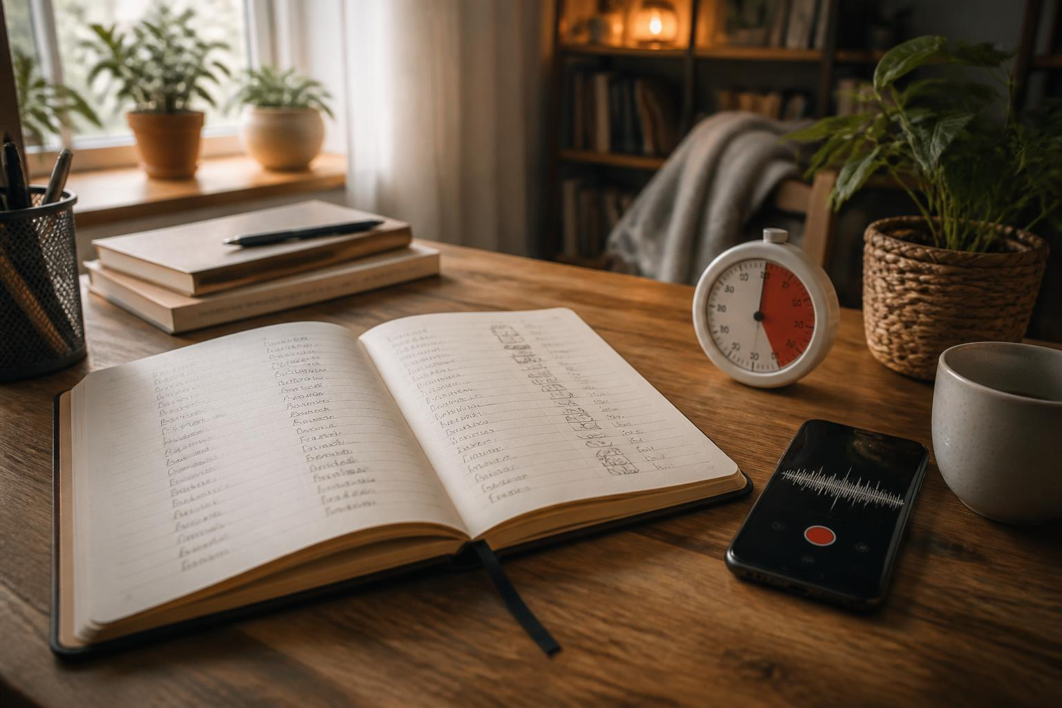 مذكرة دراسية مع كلمة جديدة وساعة مؤقت