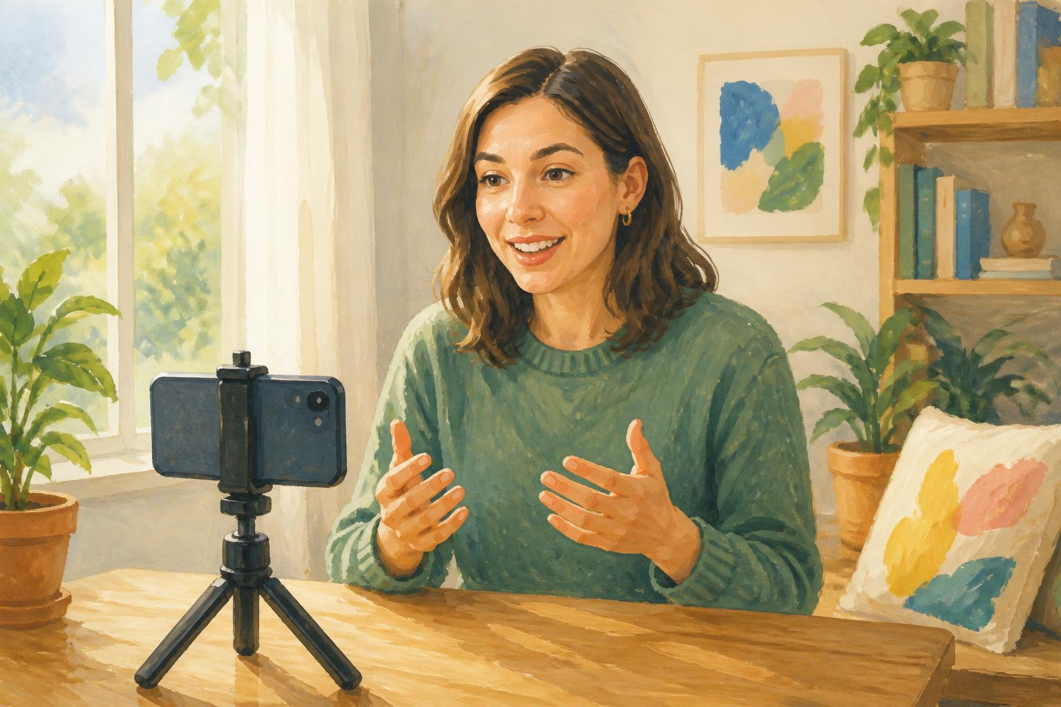 Bir öğretmenin kısa tanıtım videosu çekmesi sırasında telefon tripodunda çekim yapması doğal ışıkta, yakın plan, renkli ve net görüntü gouache illustration style