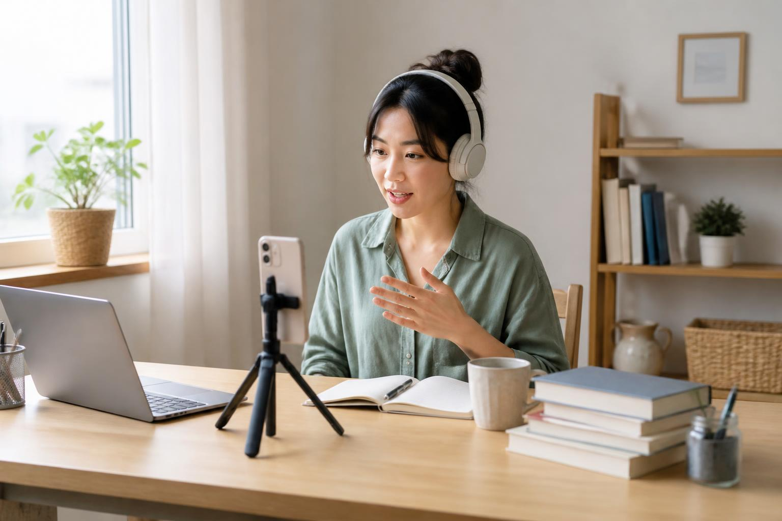 헤드셋을 쓰고 녹음하는 장면