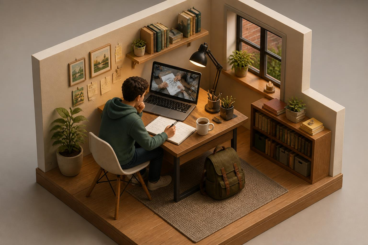 Student werkt aan creatieve cursus op laptop met notities