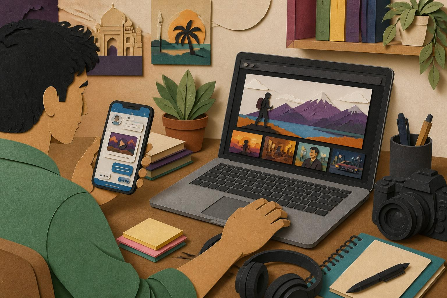 A smartphone showing an Instagram DM with a pitch and a laptop open to a shared portfolio link