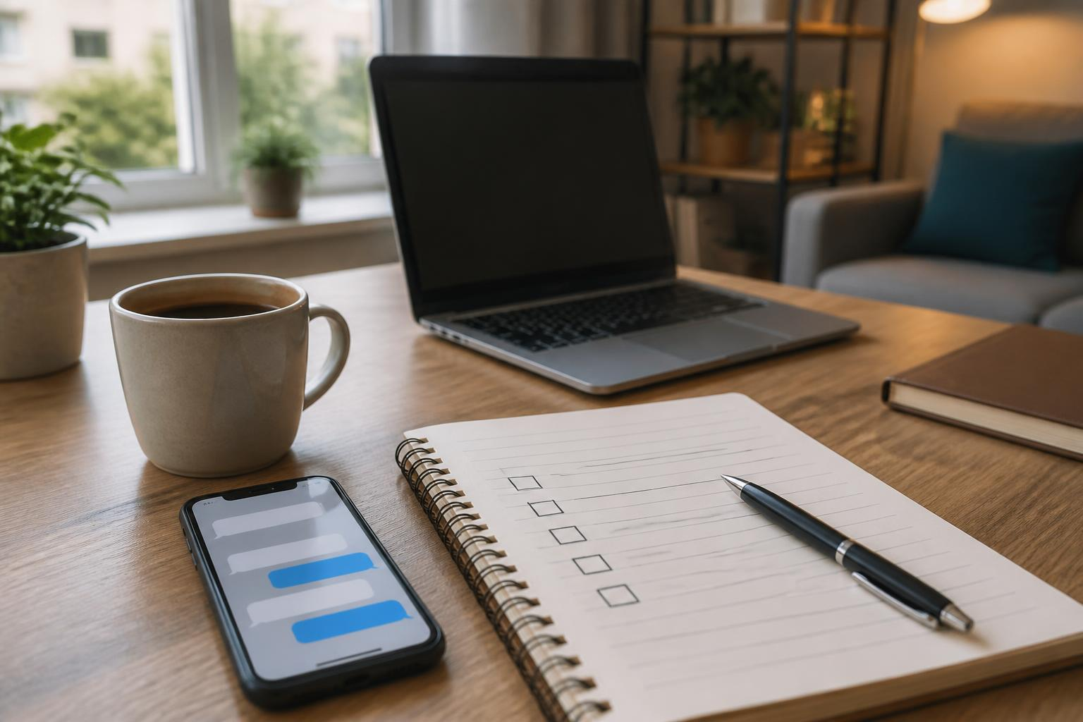 Escritorio con teléfono mostrando mensajes y una lista de tareas