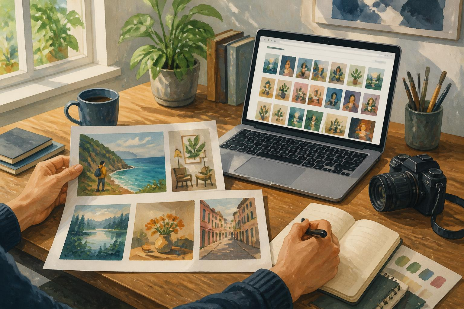 Notebook with printed portfolio pages and a laptop showing a course project gallery