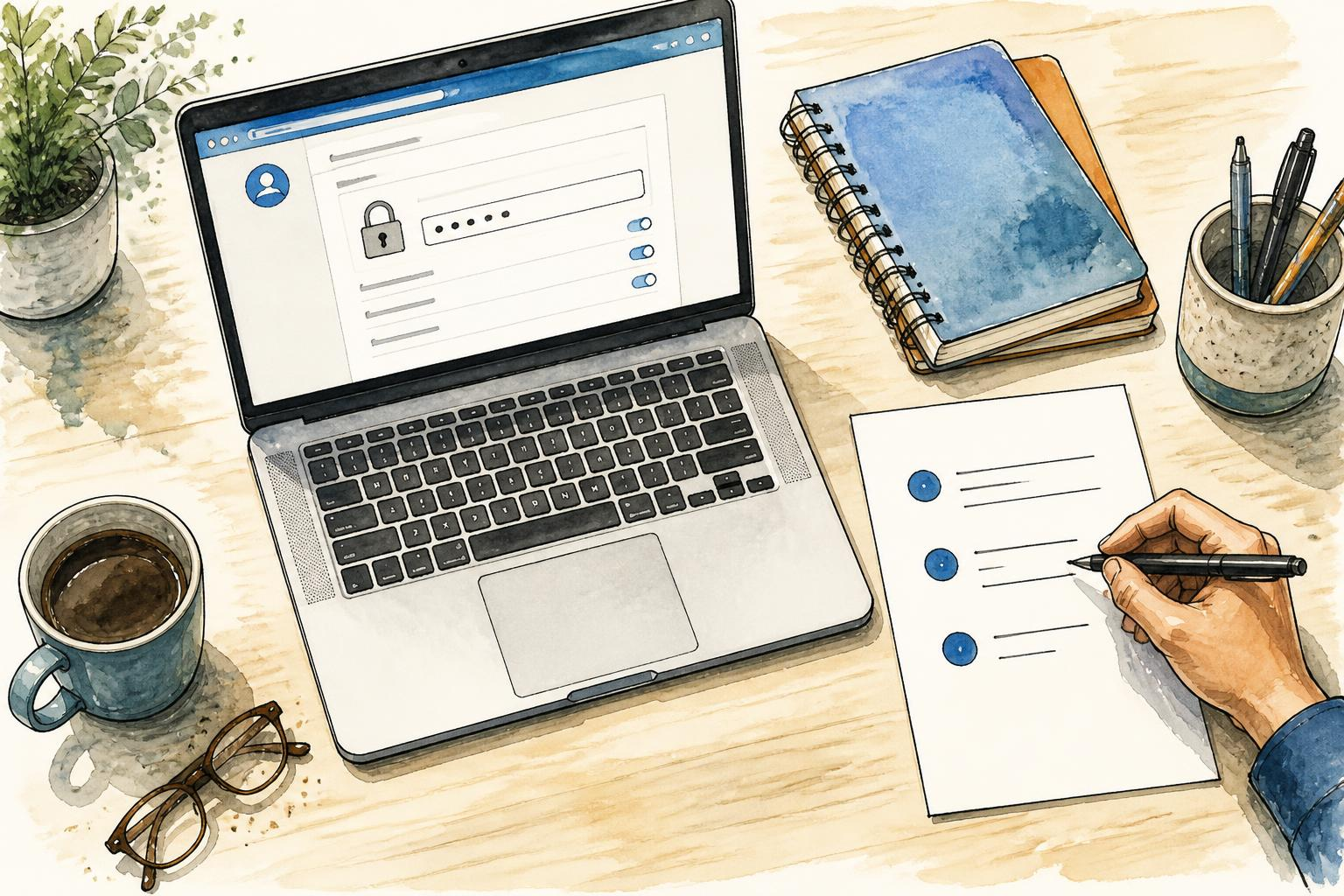 Desktop view with a printed checklist titled "Mots de passe" next to a laptop showing browser with saved passwords