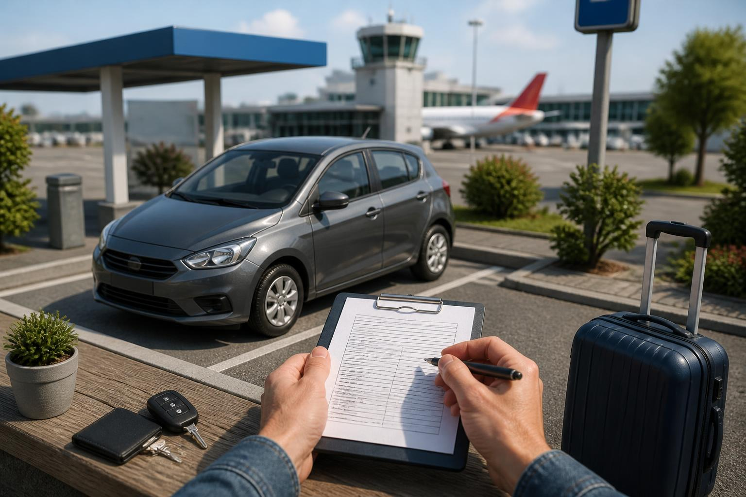 A rental agreement being inspected by a traveler with a pen and the car in the background