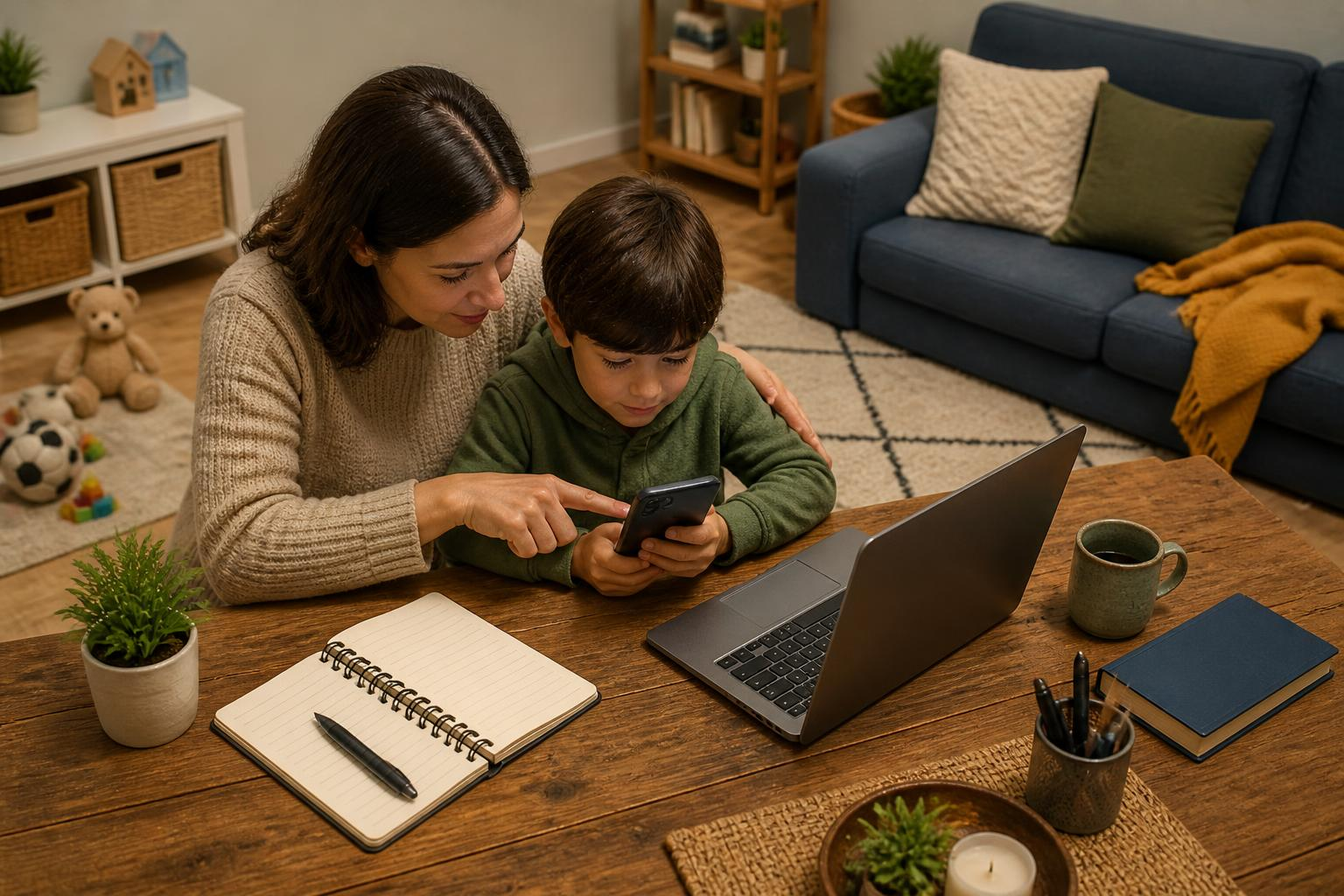 Mother installing parental app on child's phone with laptop open showing settings