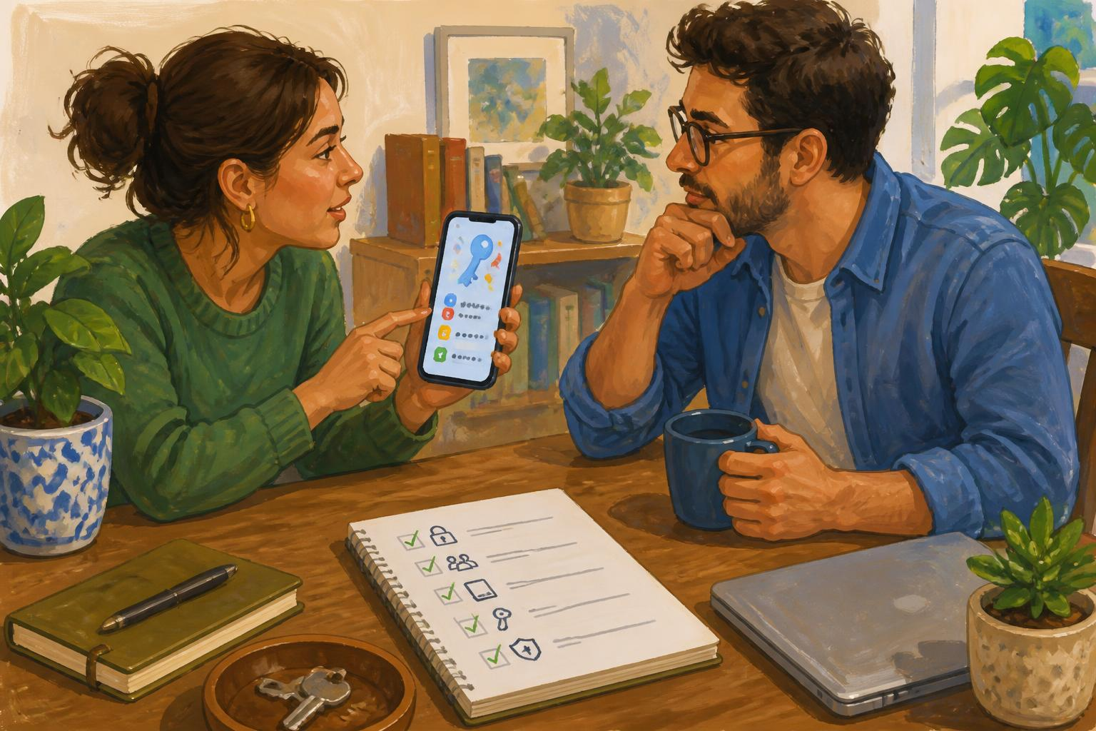 Mesa com duas pessoas discutindo senhas e um smartphone com app aberto