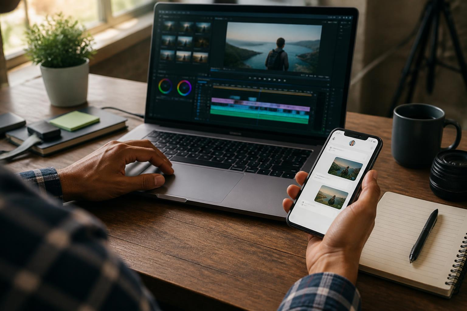 Editing desk, laptop showing an open project timeline and smartphone with incoming client message