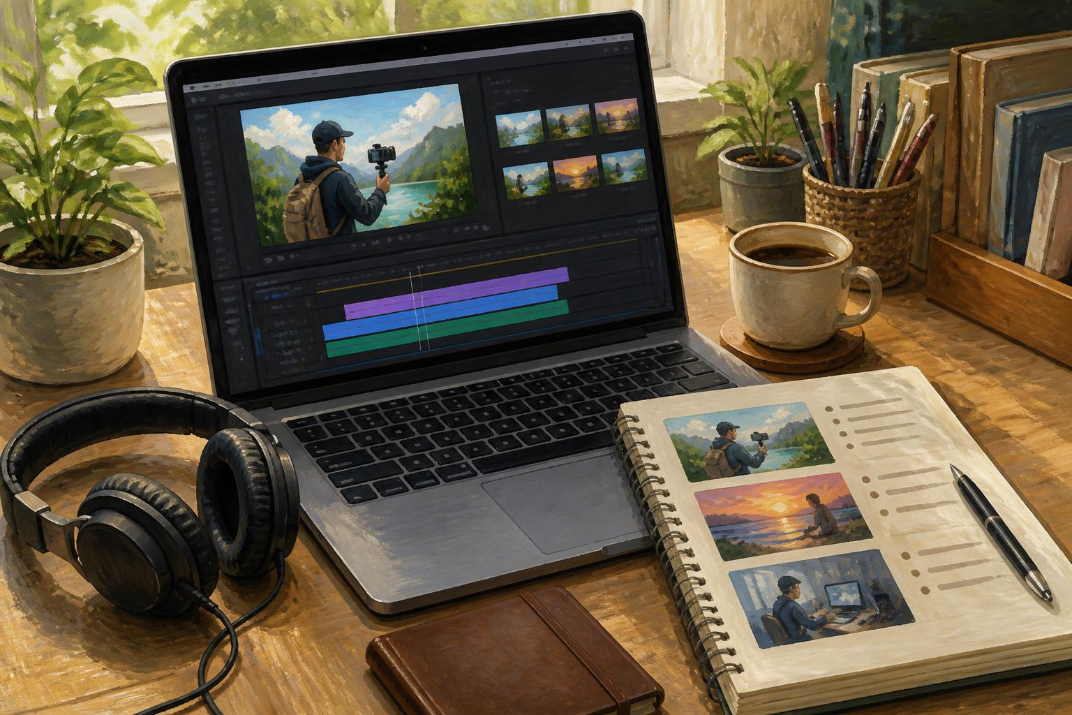 Meja kerja editor dengan laptop timeline software dan headphone