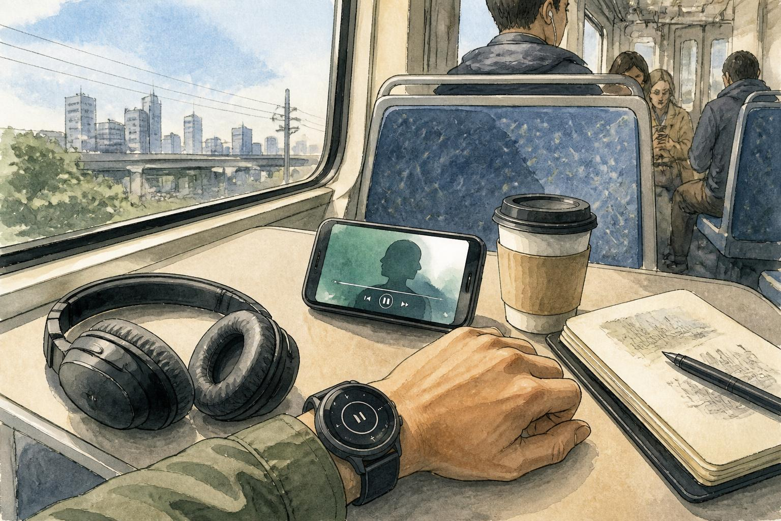 Mesa com fone e relógio mostrando tempo de deslocamento curto