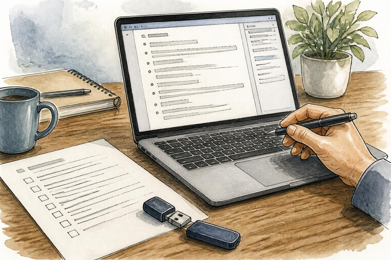 Лэптоп с открытой транскрипцией и DOCX экспортом рядом с внешним жёстким диском