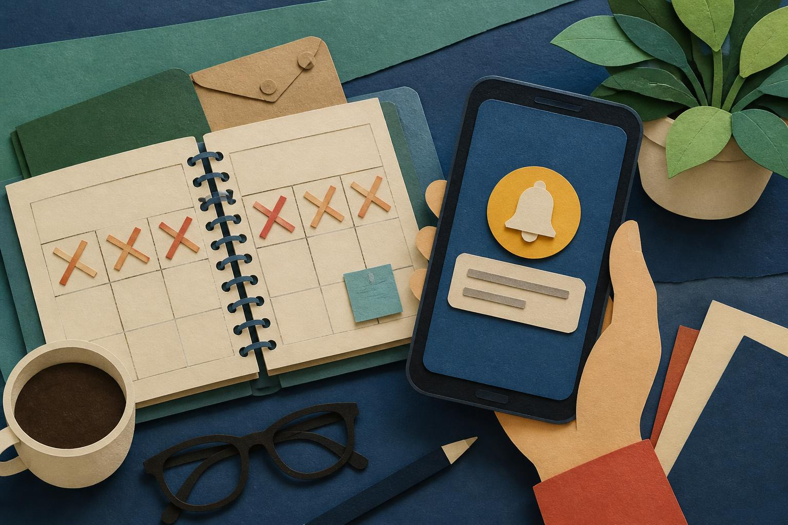 Carnet de planning avec dates barrées et un rappel de fin d'essai sur smartphone