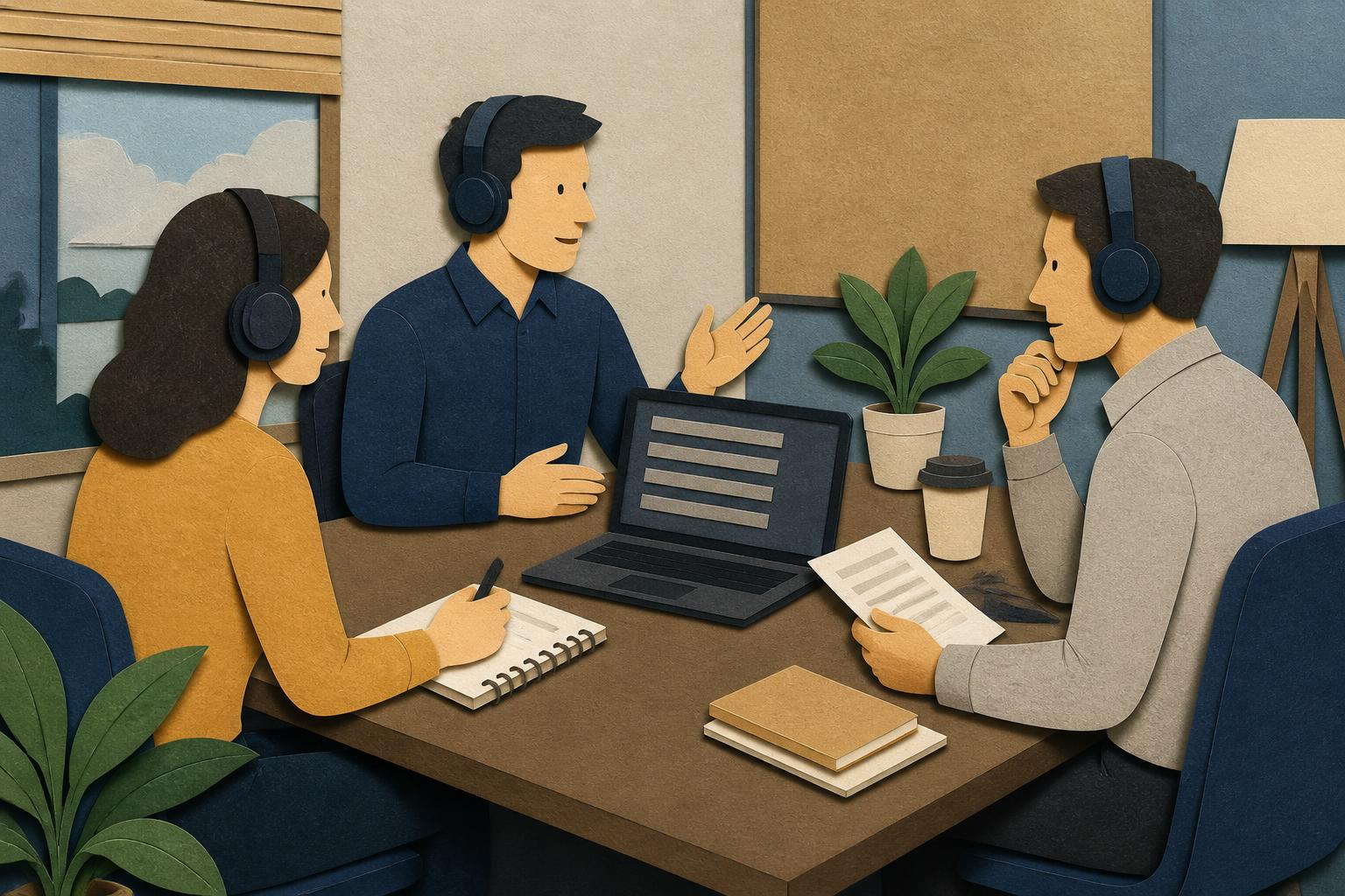 小会議室で複数人がノートPCを囲み、耳で聞きながら議事録を確認する様子