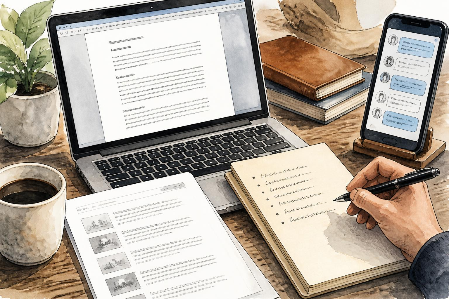 Freelancer desk with name-check printouts