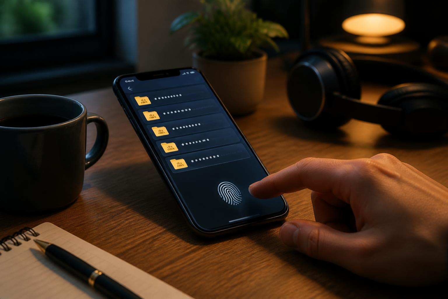 Capture d'un smartphone montrant un coffre numérique et une liste de mots de passe