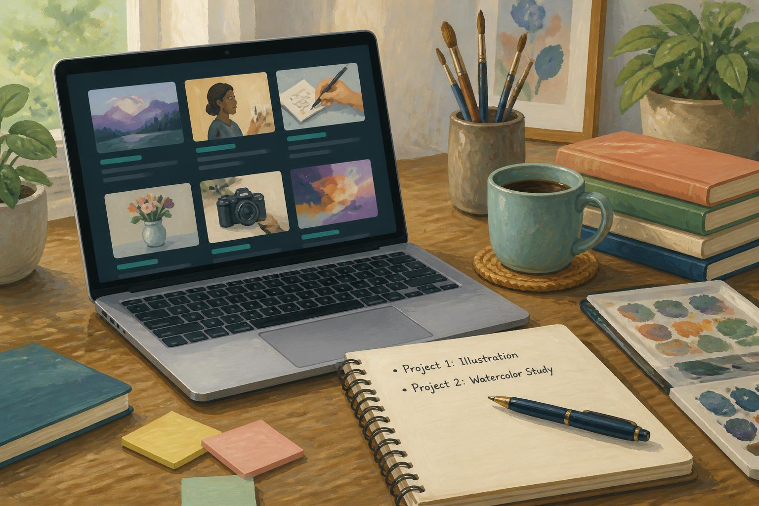 Notebook with a short course outline and a laptop showing a course list