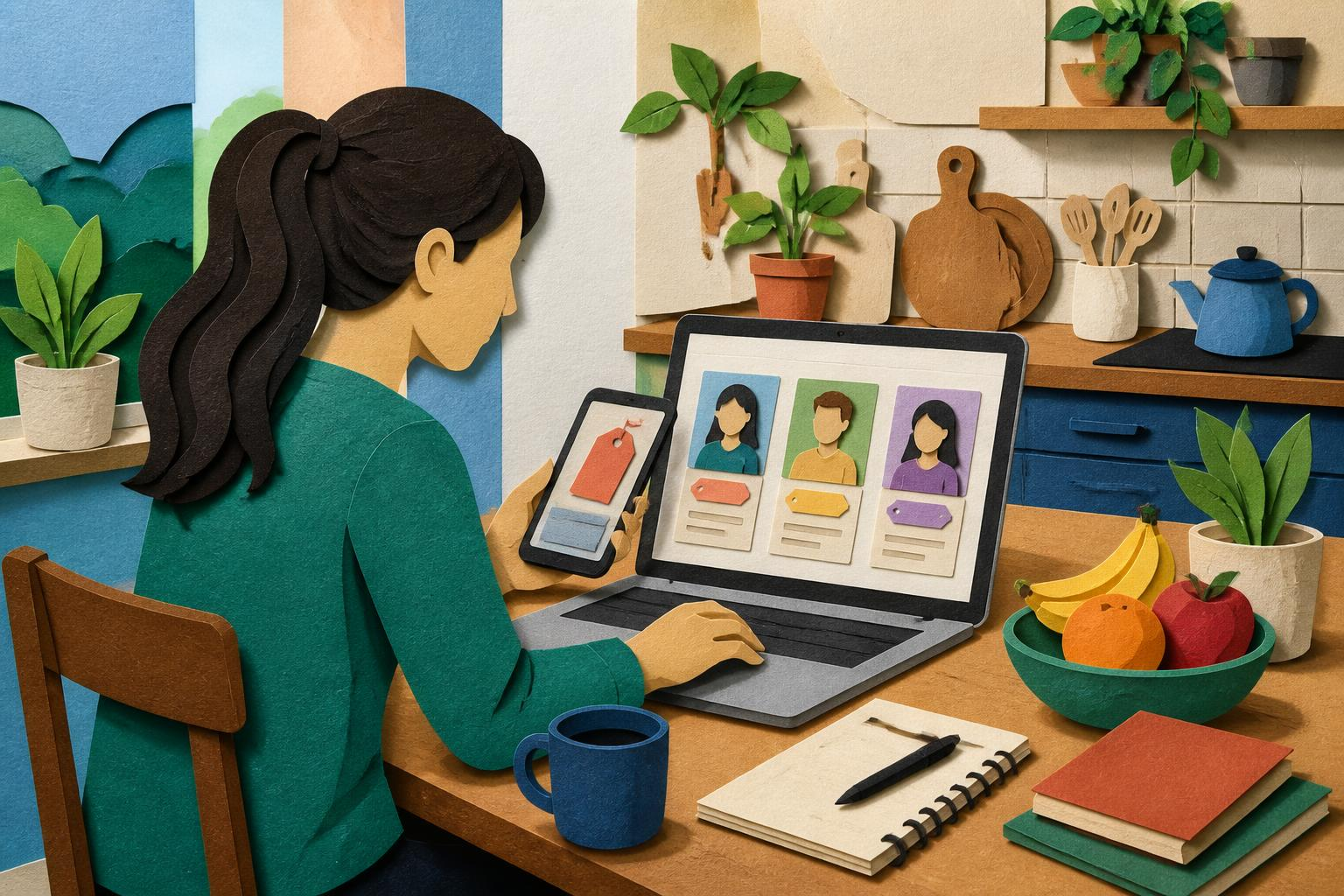 Seorang pembelajar membaca halaman promosi di layar ponsel sambil membandingkan harga tutor di laptop