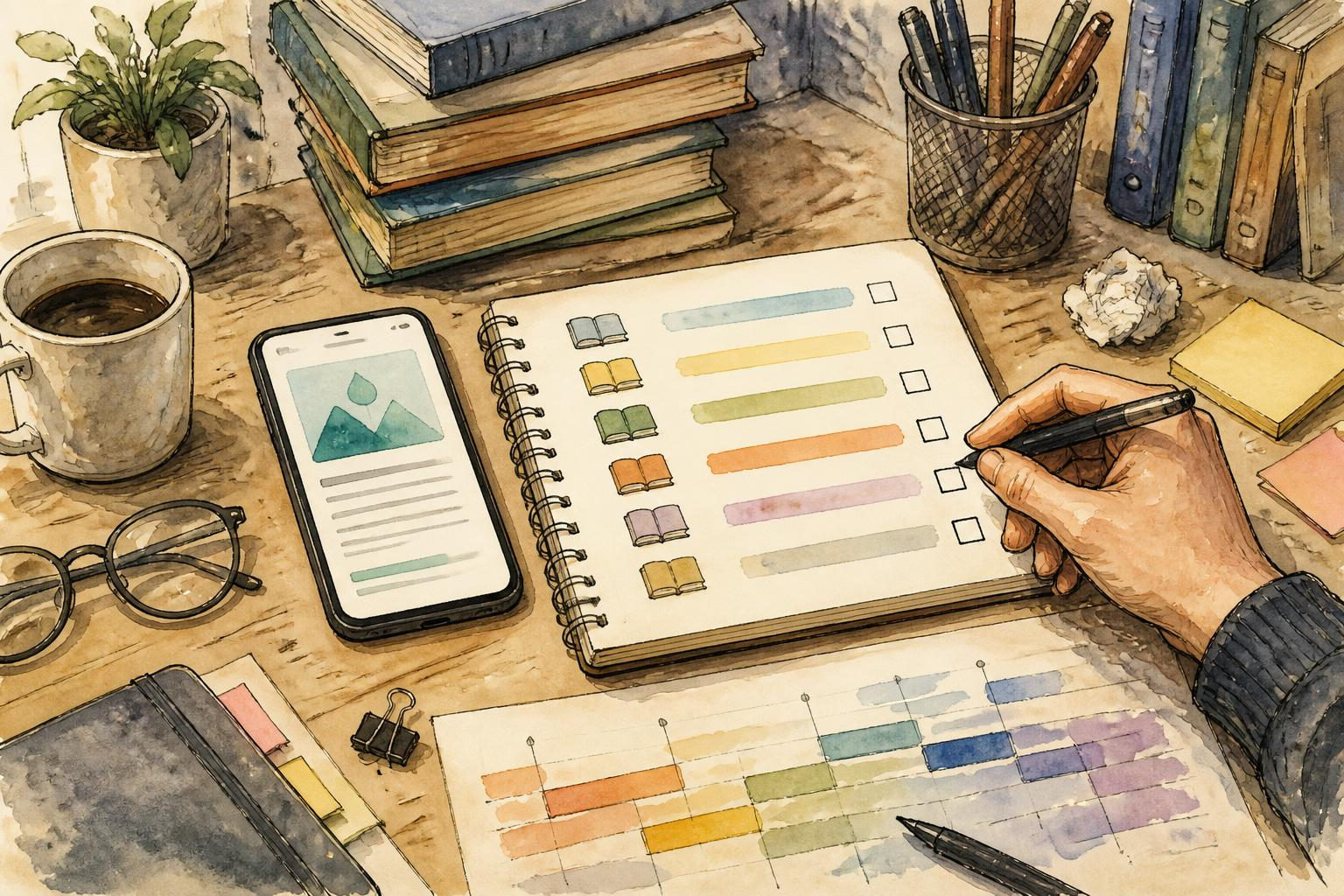 دفتر ملاحظات مع خطة قراءة أسبوعية و هاتف يعرض ملخص كتاب من Blinkist على مكتب مكتظ بخريطة زمنية